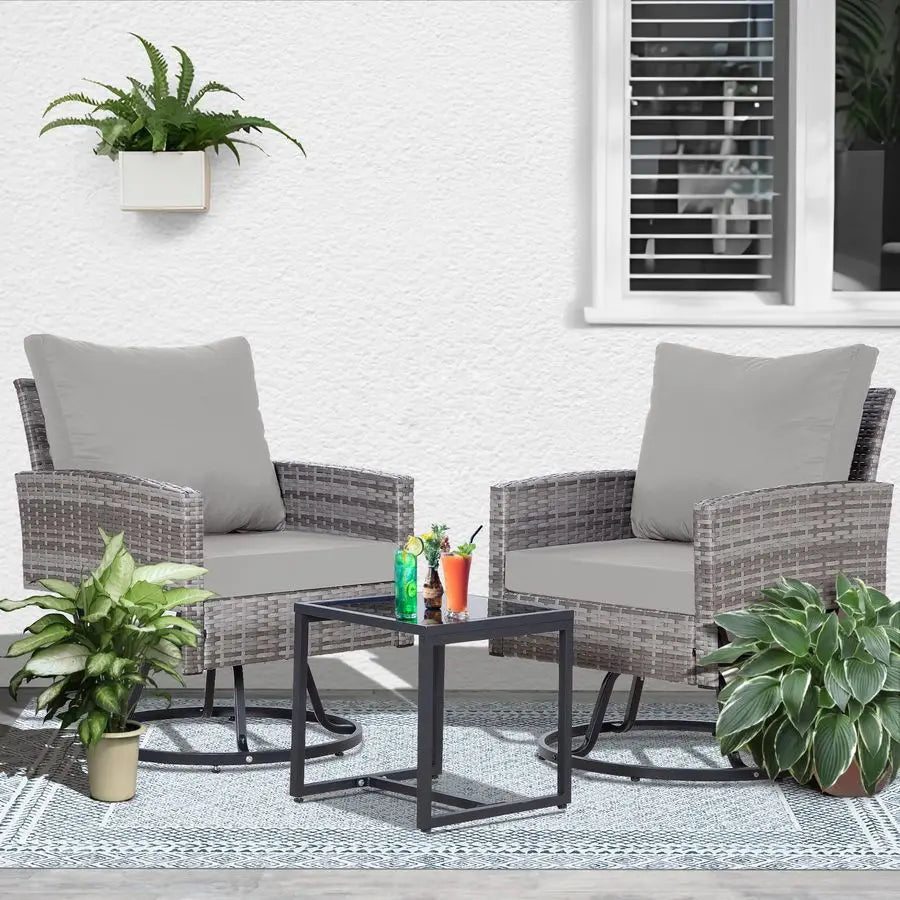 3 Piece Patio Furniture Set, Outdoor Swivel Patio Chairs Set of 2, Wicker Apartment Balcony Furniture Set with Thick Cushions f