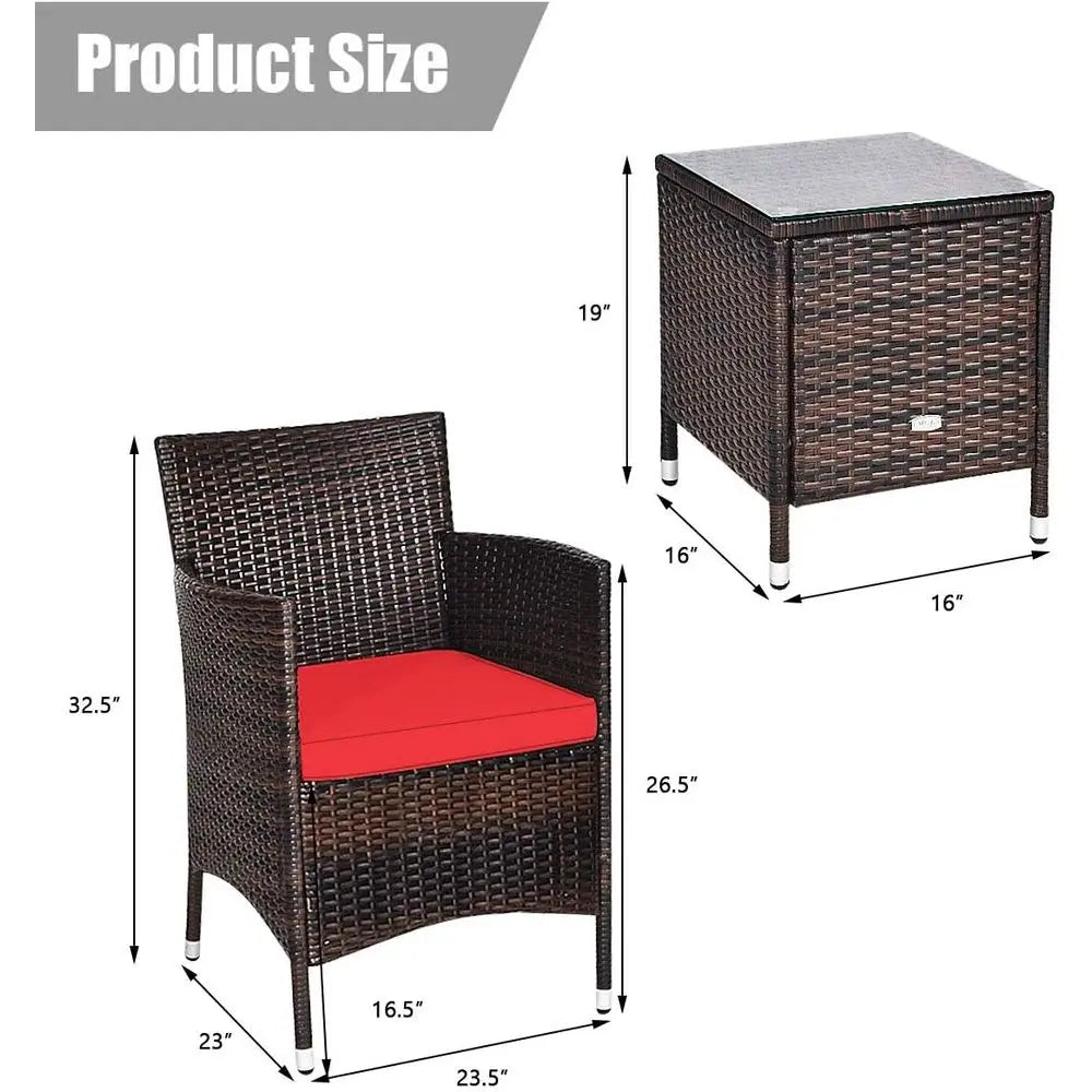 Red Outdoor Wicker Patio Furniture Set with Cushions, Tempered Glass Table for Backyard and Balcony