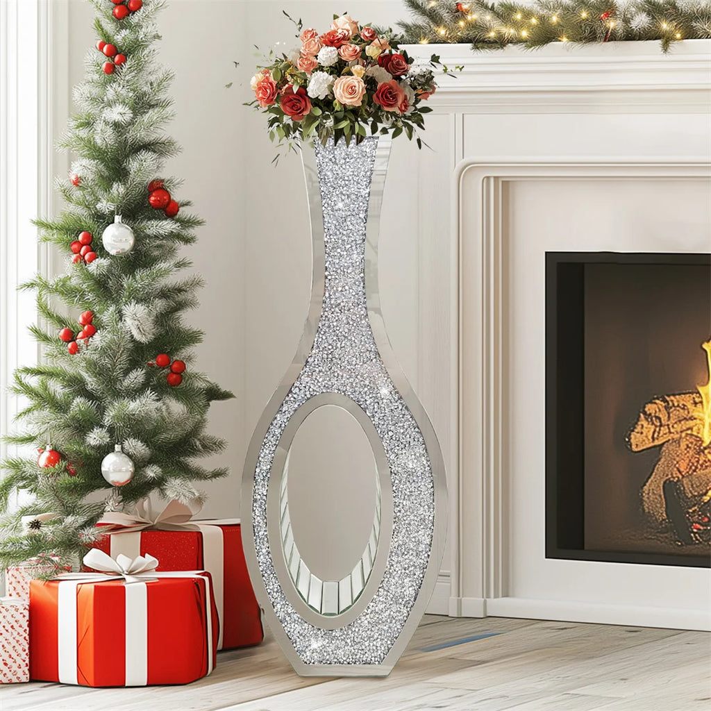 Designed Modern Flower Vase Silver Crystal Mirrored Floor Vase Home Decorative Standing Flower Vase