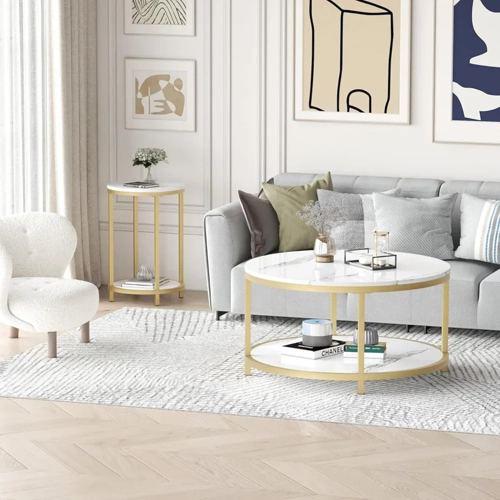 33.5"Round Coffee Table  Coffee Tables Room High Glossy Faux Marble Top Circle Table Sturdy Gold Frame Legs Cocktail Table
