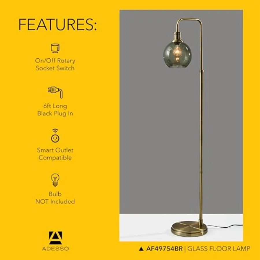 Globe Smoked Glass Floor Lamp with Antique Brass Finish 60 Tall Compact 10.5 Wide Base