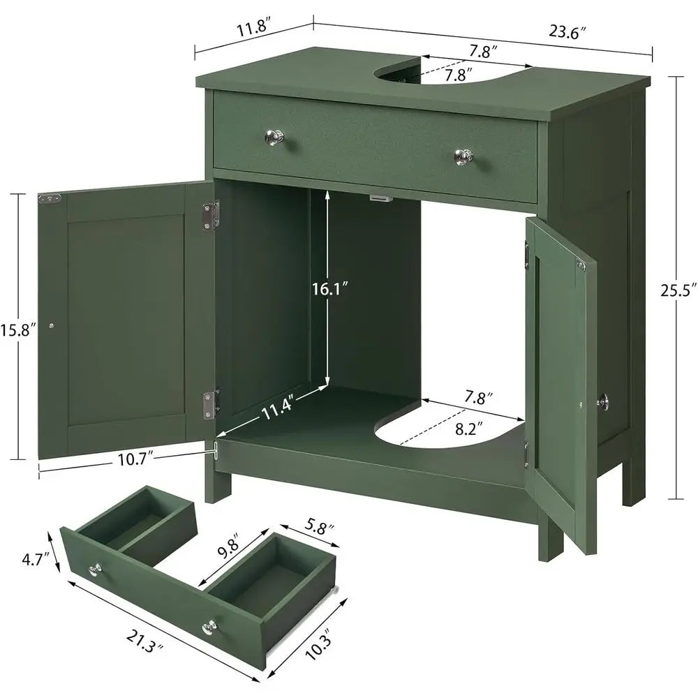 Green U-Shape Cut-Out 2-Door 1-Drawer Pedestal Bathroom Sink Storage Cabinet