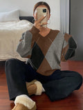 Plaid Loose Long Sleeve Crew Neck Women Sweater, Fall Clothes,Long Sleeve Tops