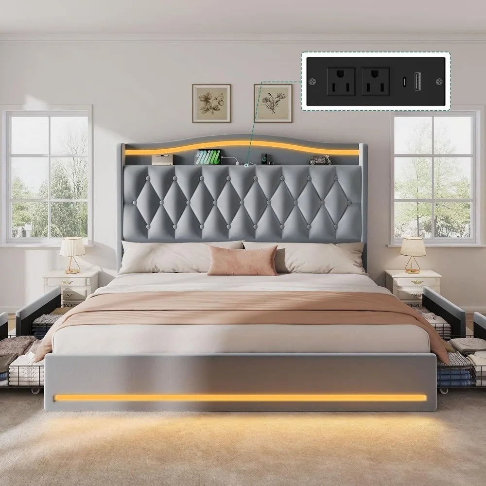 King Size DWVO Bed Frame with 4 Storage Drawers, RGB LED Lights, and 57 Tall Velvet Upholstered Headboard with Charging Station