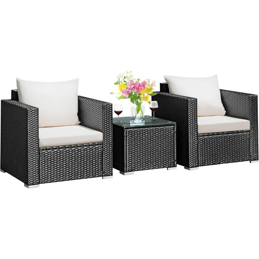 COSTWAY 3-Piece Outdoor Patio Furniture Set, Cushioned Armchairs and Tempered Glass Coffee Table, Wicker Rattan Sofa Set for Gar