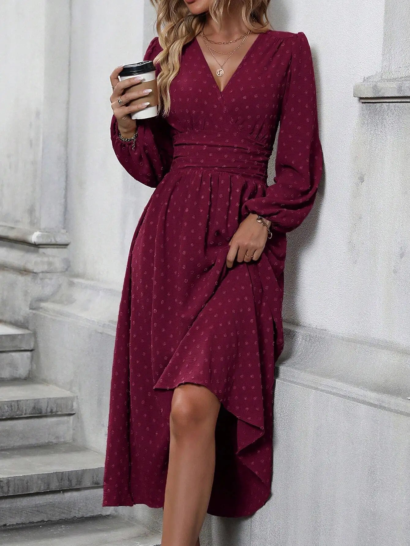 Rustic Orange Swiss Dot Surplice Neck Lantern Sleeve Ruched Waist Asymmetrical Midi Dress for Women