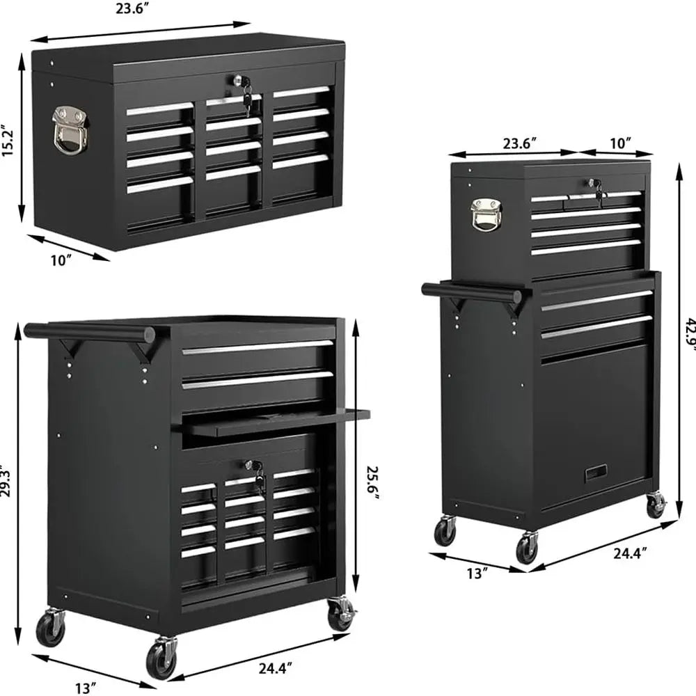 4-Wheel Portable Tool Chest with Lockable Top Box, 8-Drawer Storage for Garage and Warehouse (Stylish Black)