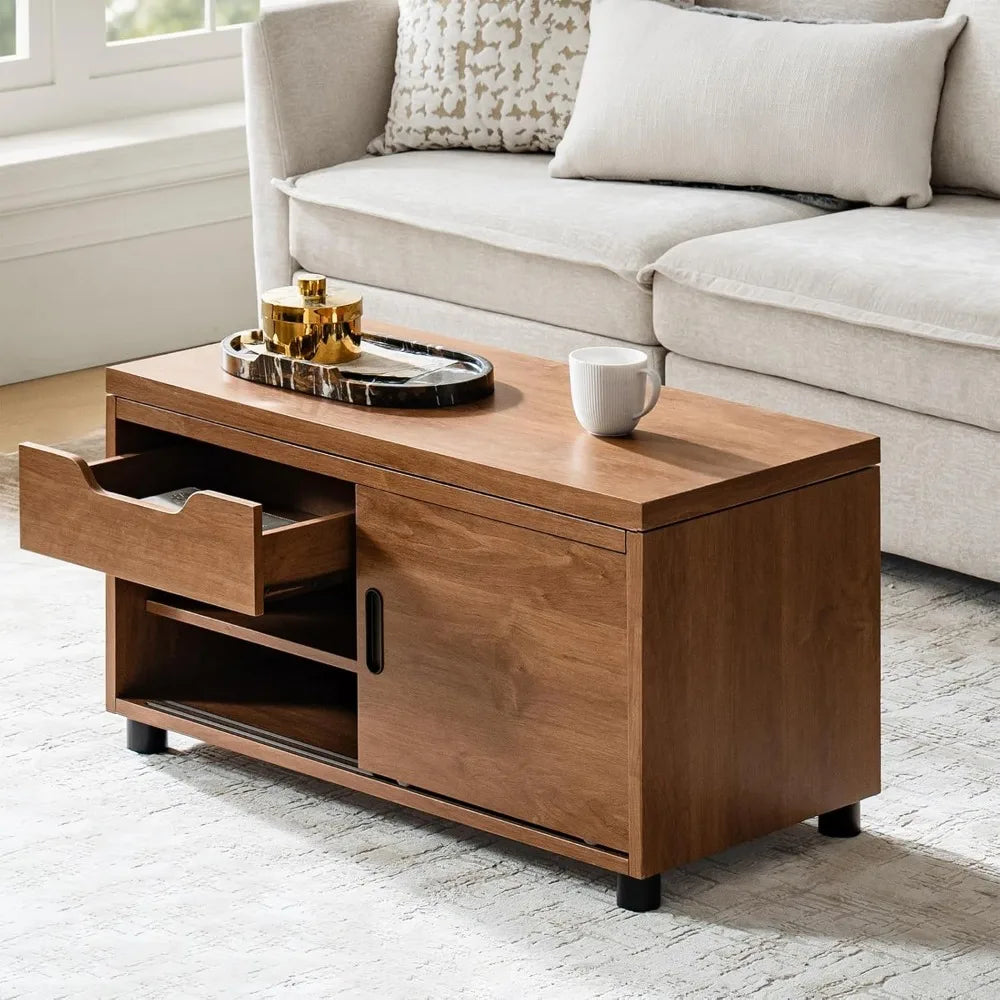 Home Sofa Side Table with Modular Design, Rectangle Wood End Table with Adjustable Shelves, Modern Coffee Table with Storage