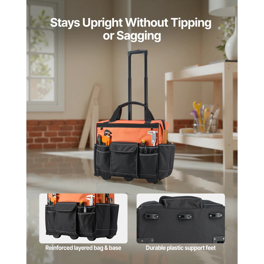 SucceBuy 110 lbs Rolling Tool Bag 27 Pockets Roller Tool Bag on Wheels with Adjustable Telescoping Handle for Construction Tools