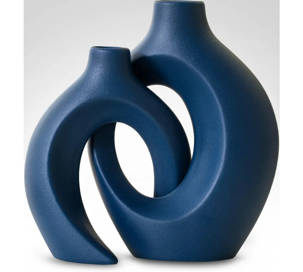 Modern Nordic Ceramic Vase Set of 2, 8.4 Inch Coastal Hollow Design for Pampas Grass Home Decor (Matte Navy Blue)