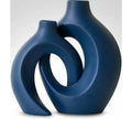 Modern Nordic Ceramic Vase Set of 2, 8.4 Inch Coastal Hollow Design for Pampas Grass Home Decor (Matte Navy Blue)