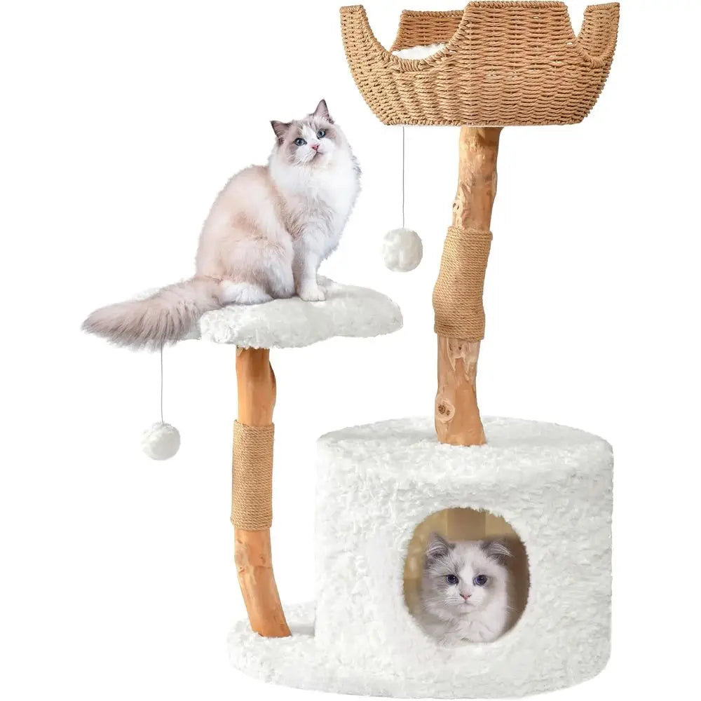Luxury Wooden Cat Tower with Scratching Posts and Flower Platforms for Large Cats, Rabbit Hair White
