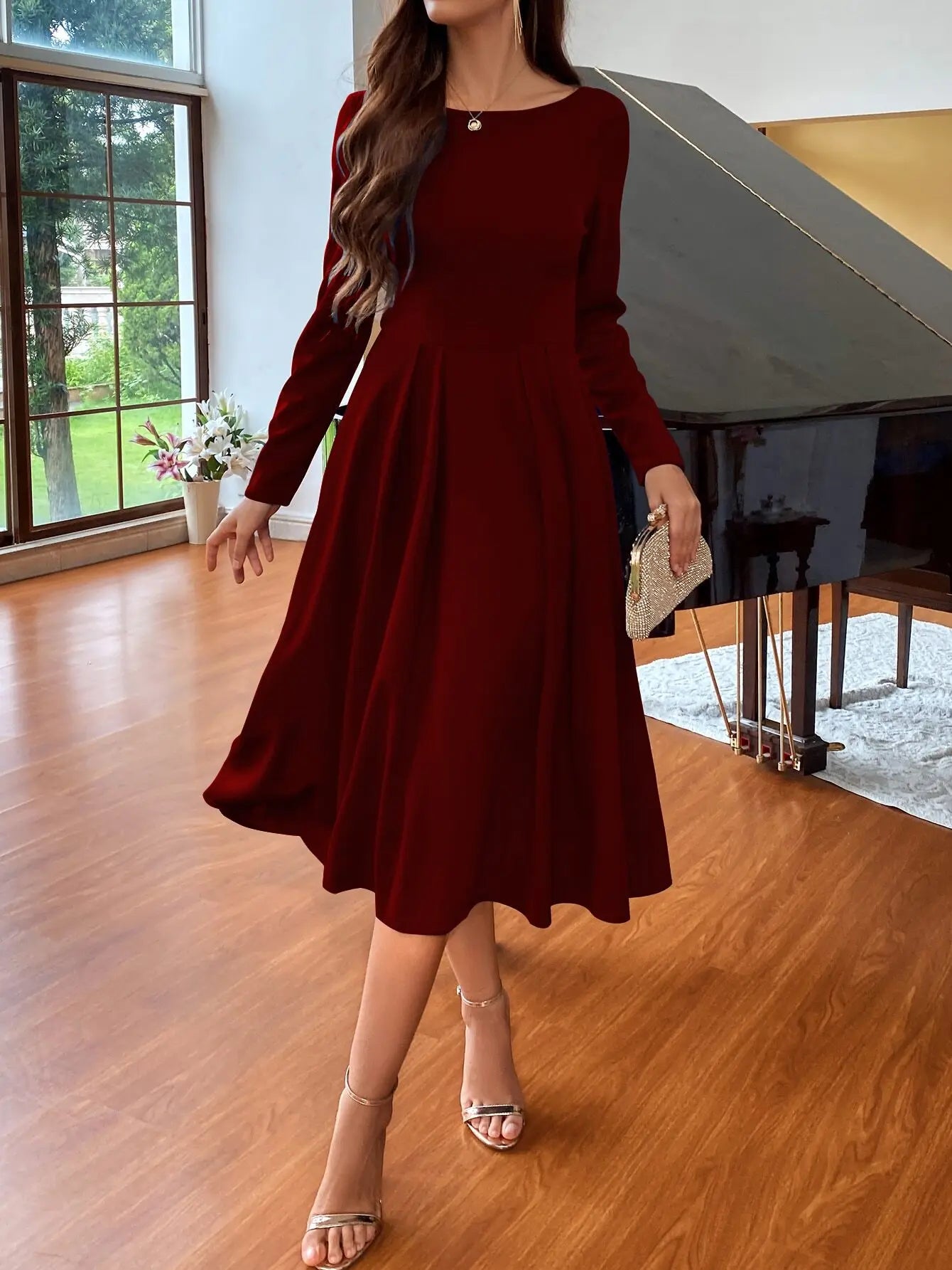 Wine Red Long Sleeve Round Neck Waist Seam A-Line Simple & Elegant Women Dress For Christmas