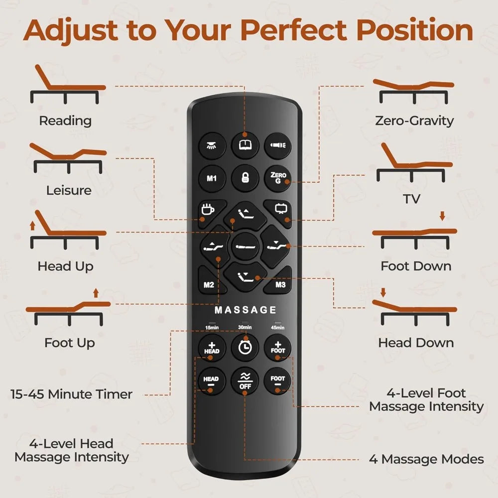 Queen Size Adjustable Bed with Wireless Remote, Massage, Nightlight, Height Adjustable Legs, and Incline Head and Foot Controls
