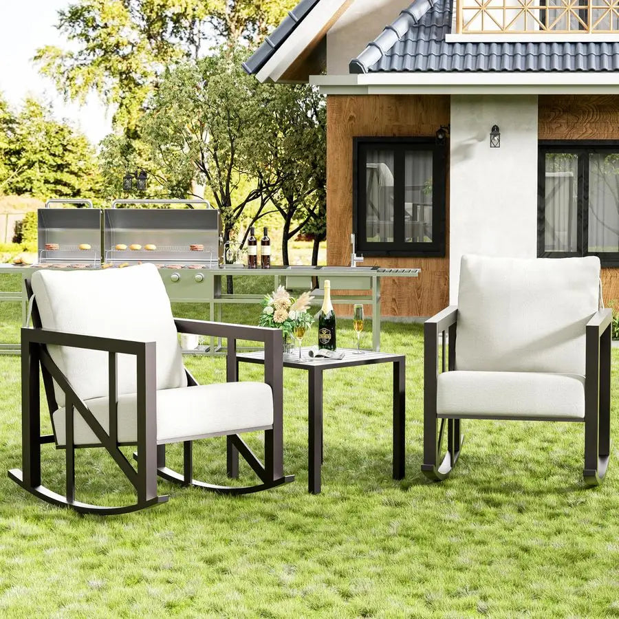 3 Pieces Rocking Bistro Set, Metal Outdoor Patio Furniture Set with 2 Rockers and 1 Table, Patio Conversation Set with Thick Cu