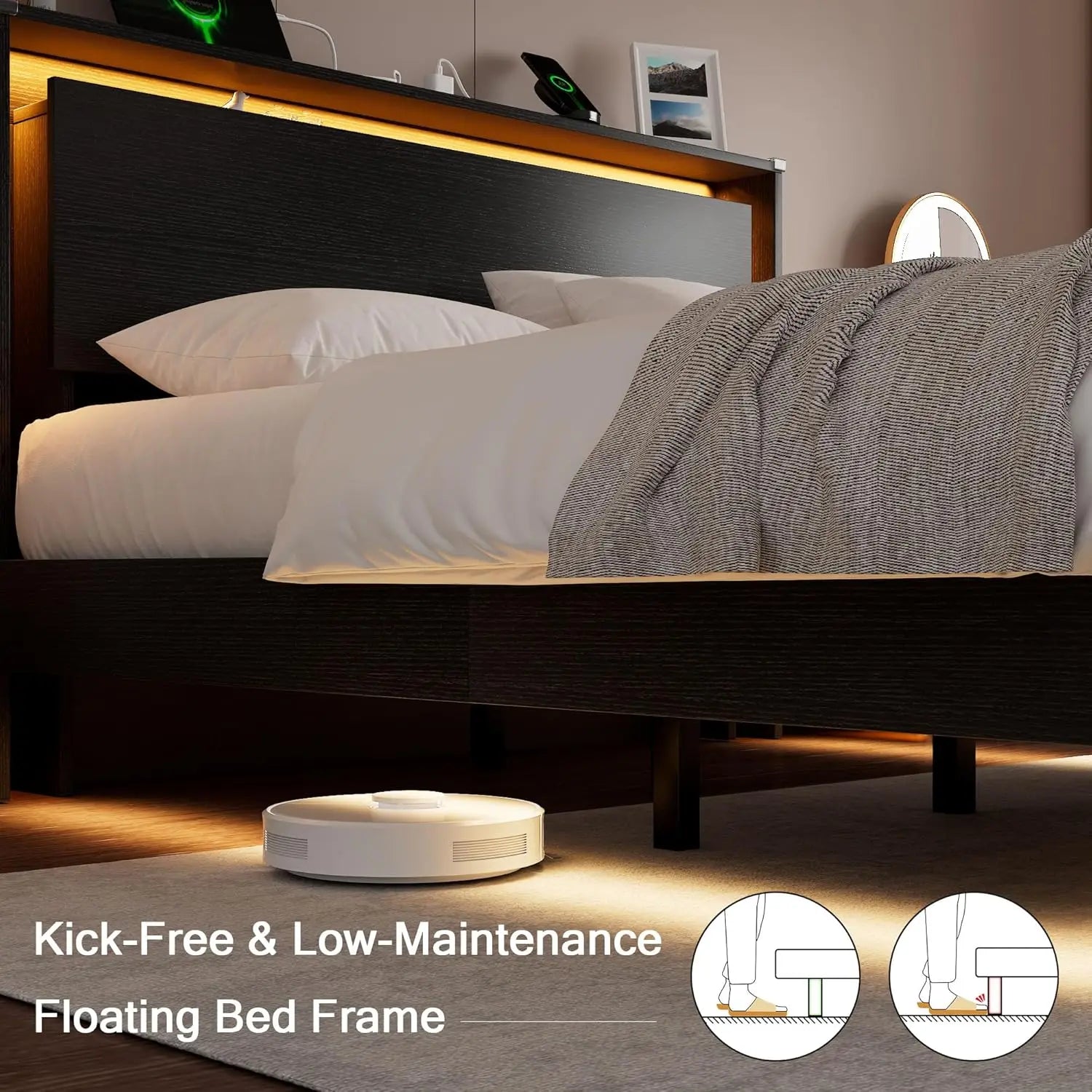 Bed Frame Queen Size with LED Lights & Charging Station – Kids Wood Floating Queen Bed Frame with Storage, Customized