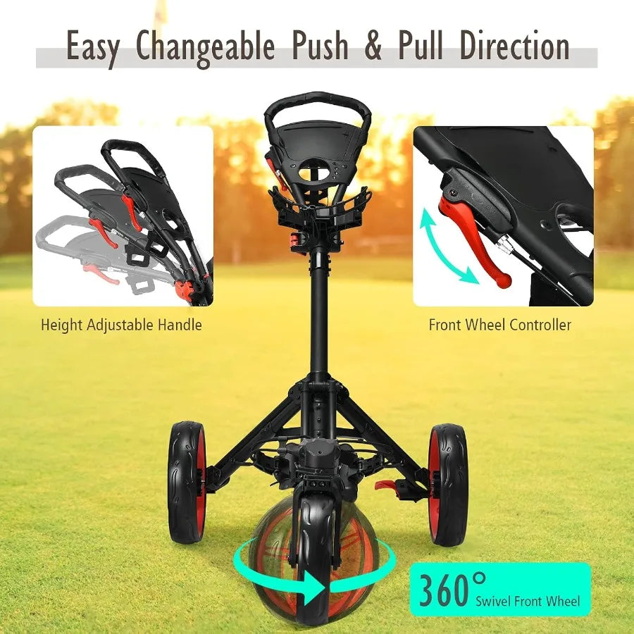 Golf Push Cart with 360 Rotating Front Wheel Aluminum Collapsible 3 Wheels Golf Pull Cart Golf Trolley w/Elastic Strap Scoreboa