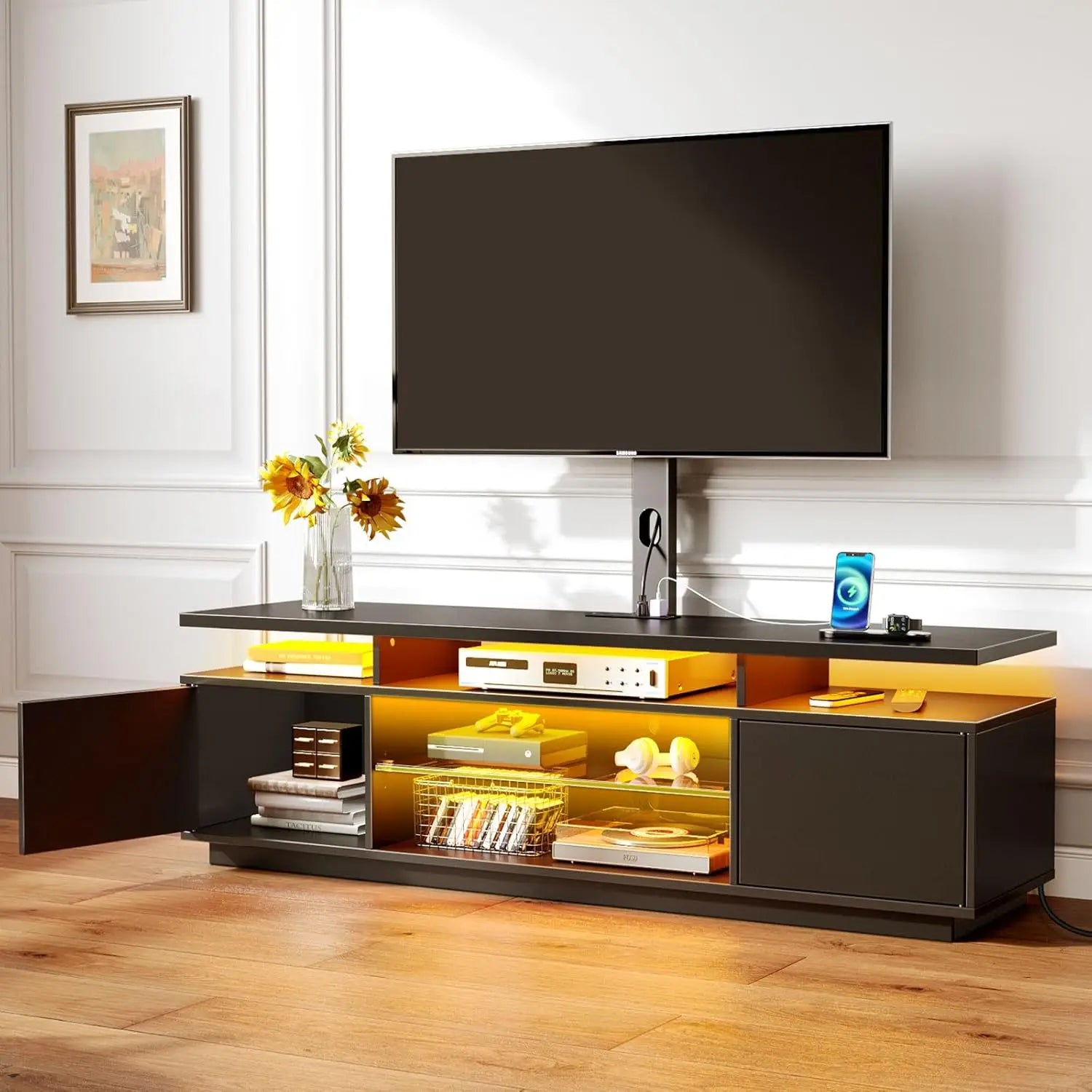 TV Stand with Mount and Power Outlet 51.2", Swivel TV Stand Mount for 32/45/55/60/65/70 inch TVs, Modern Entertainment Center