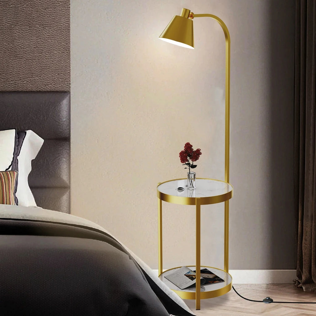 3-in-1 Floor Lamp w/Side Table & Shelves, Golden Iron Frame, Swivel Design for Living Room Bedroom Office