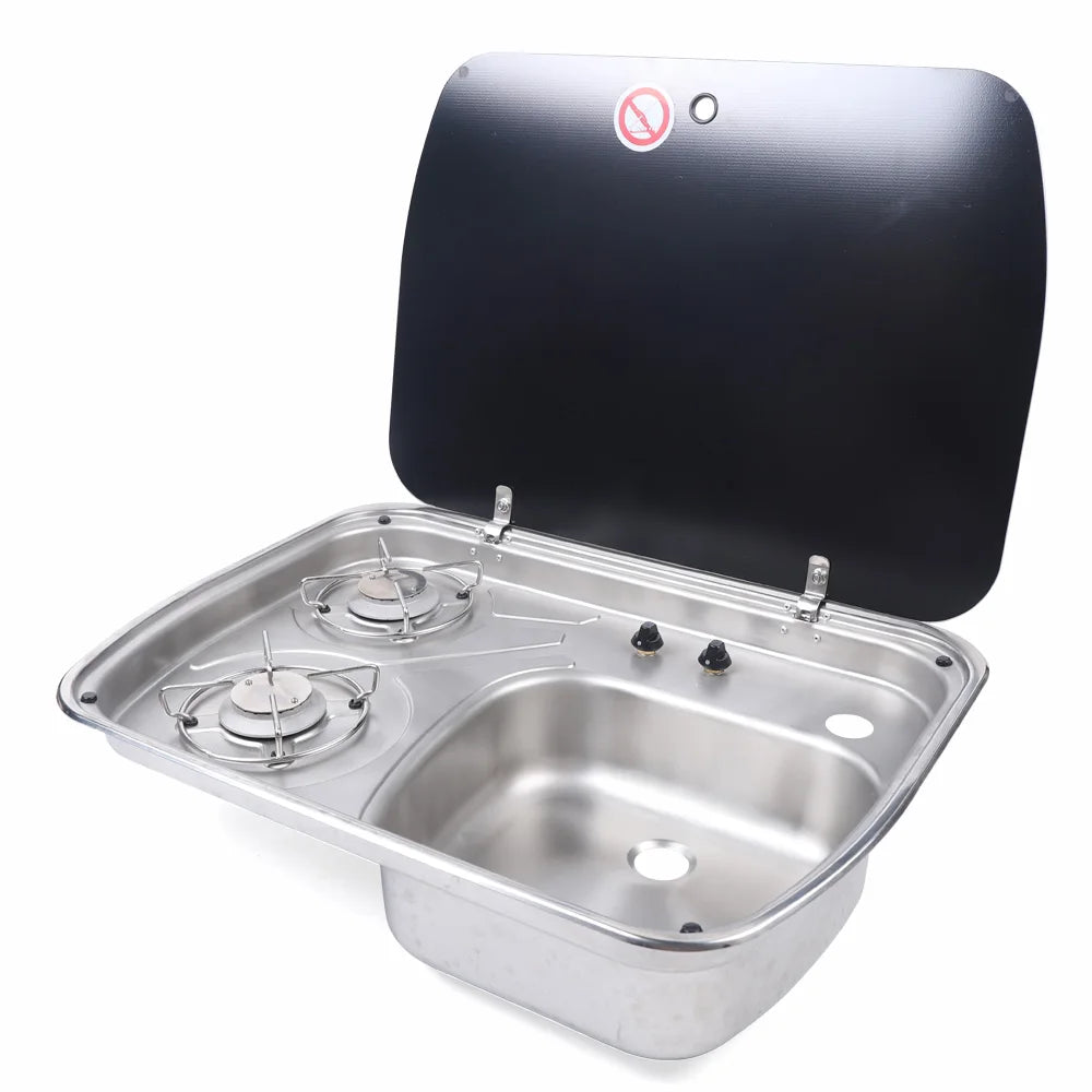 Boat Caravan Camper 2 Burner Gas Stove Hob and Sink Combo With Tempered Glass Lid Stainless Steel Hand Wash Basin RV Kitchen