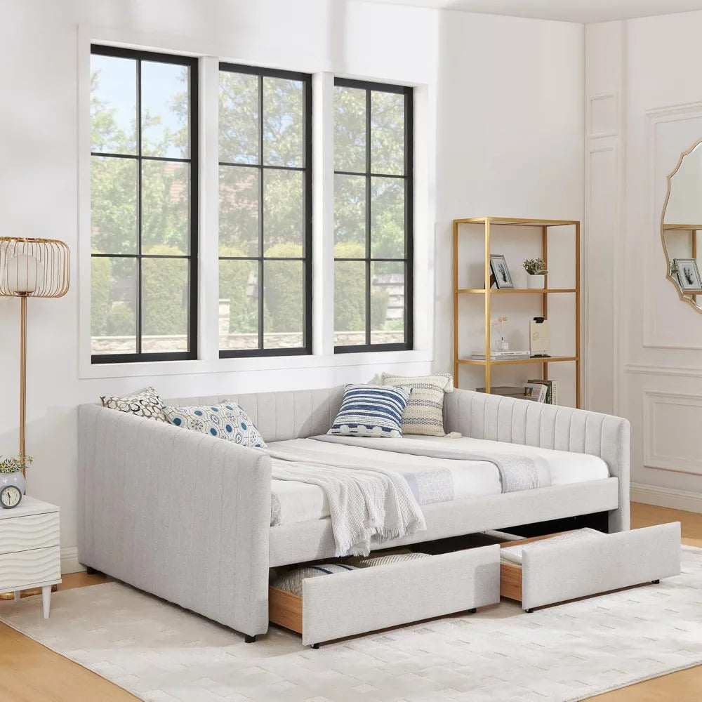 SLEERWAY Daybed with Two Drawers, Modern Linen Queen Size Day Bed Frame with Storage, Upholstered Sofa Bed with Stripes, Furnitu