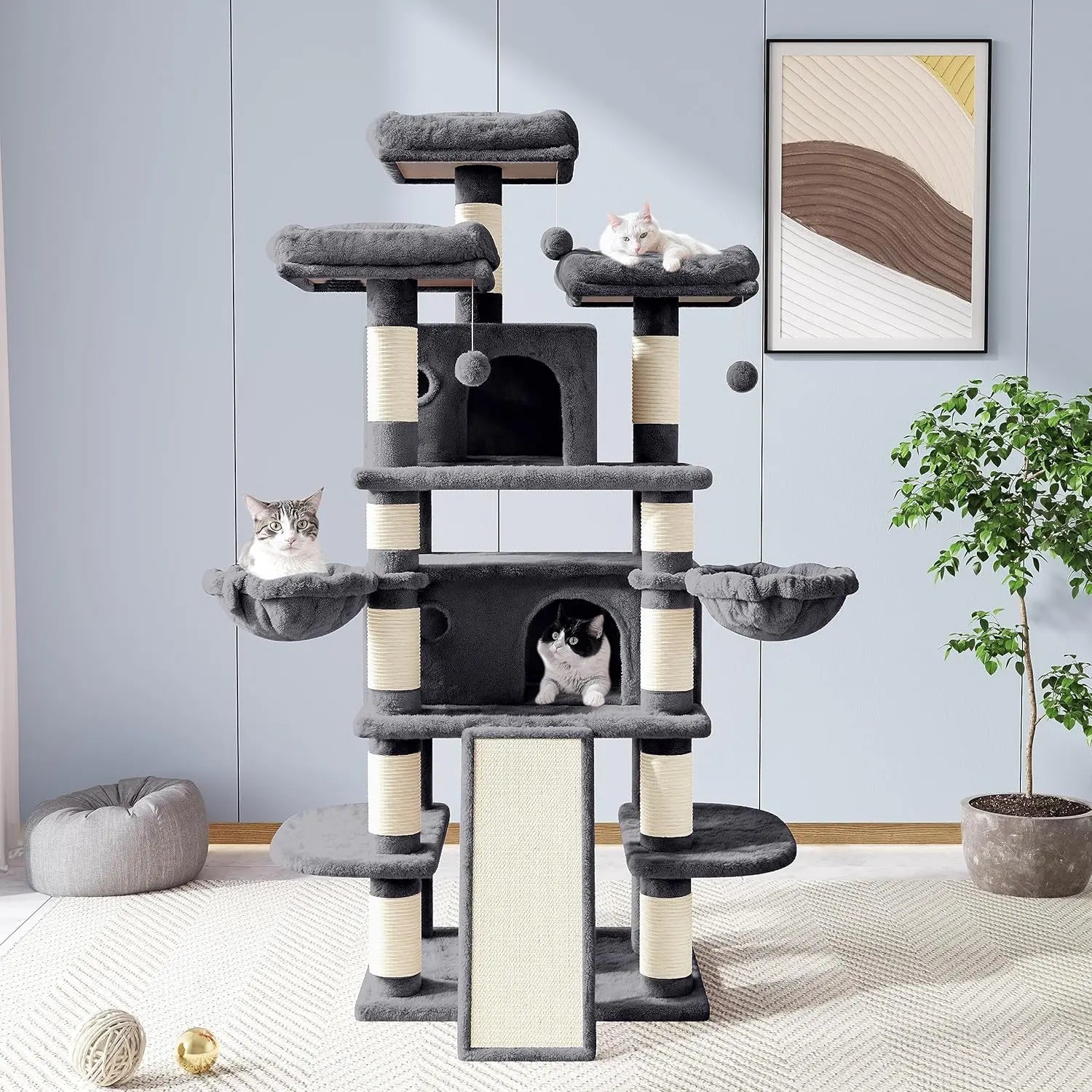 Large Cat Tree with Sisal Scratching Posts, Multi-Level Playhouse for Big Cats, Grey