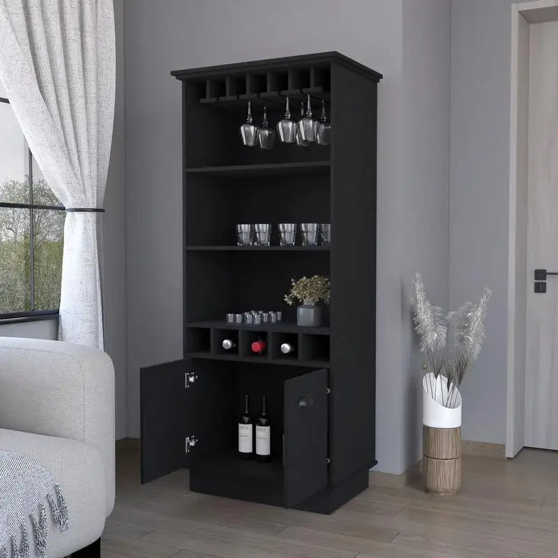 Sophia Bar Cabinet with Glassware Rack and 5 Bottle Racks, Black Finish, Modern Design for Home and Kitchen Storage