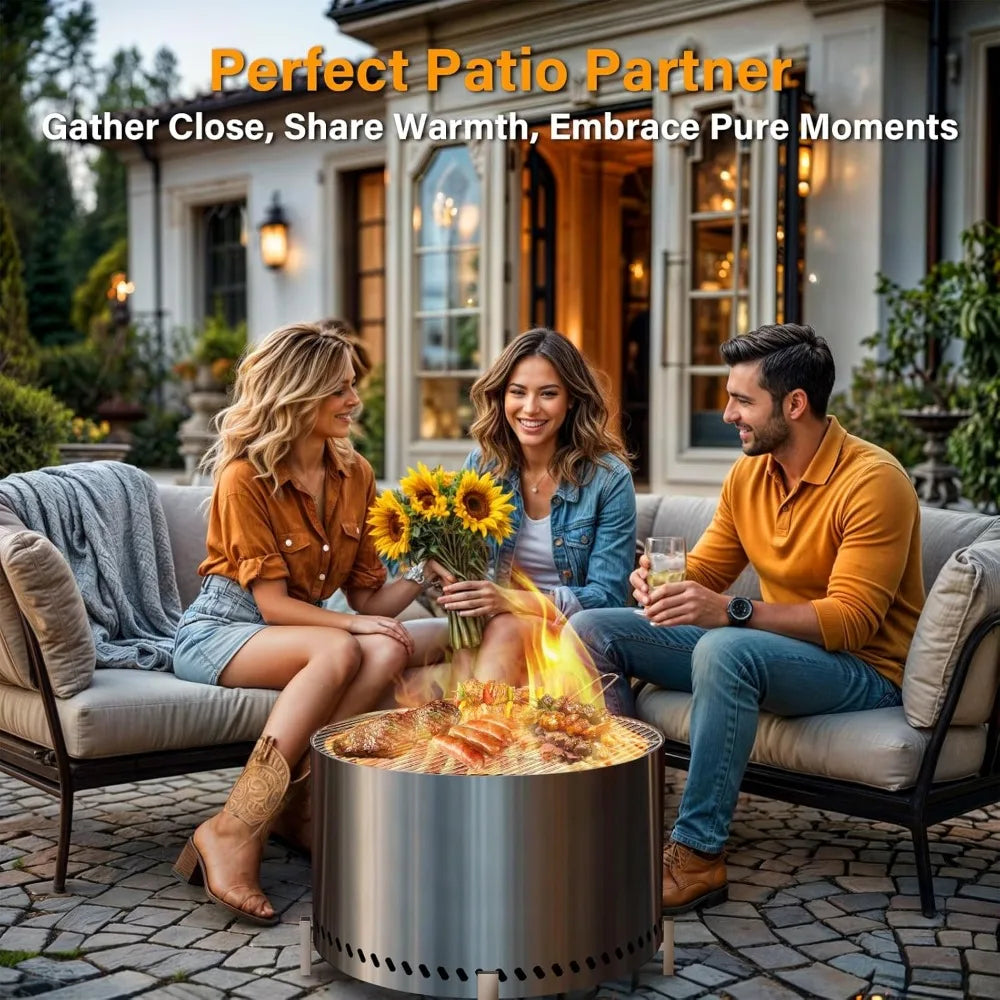 27.5" Smokeless Fire Pit with Grill & Stand, Stainless Steel Wood Burning Outdoor Stove for BBQ and Gatherings
