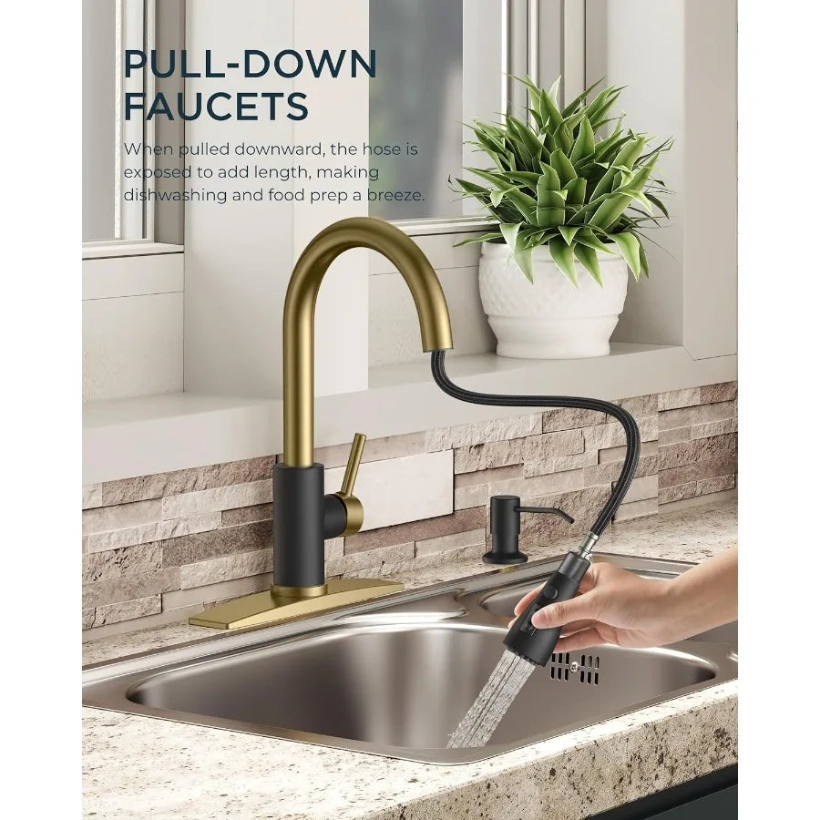 Kitchen Faucets with Soap Dispenser and Pull Down Sprayer Bar High Arc Single Handle Classic 3 Modes Stainless Steel Faucet for