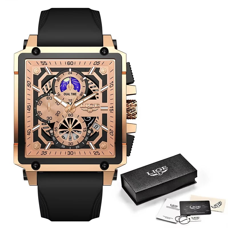 LIGE Men's Watches Silicone Strap Military Chronograph Waterproof Square Man Watch Top Brand Luxury Analog Quartz Wristwatch+Box