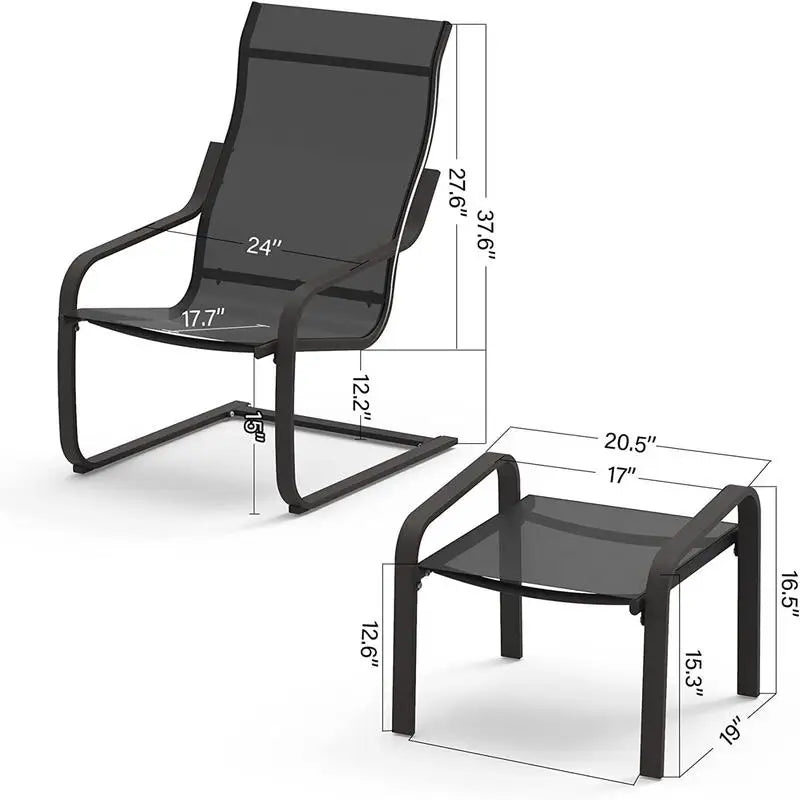 Outdoor Bistro Set of 2, C Spring Motion Chair & Ottoman, All-Weather Armchair, Quick Dry Textile for Patio, Porch, Deck,
