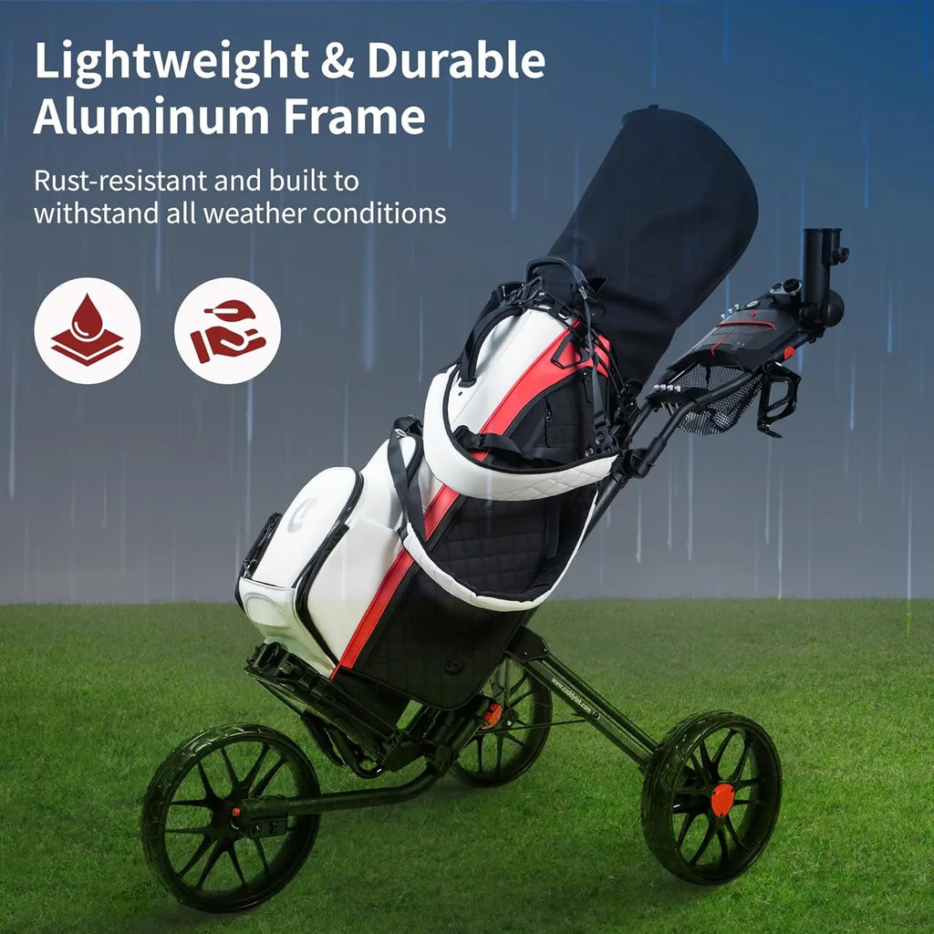 Lightweight Foldable Golf Push Cart with EVA Wheels, Foot Brake, Adjustable Handle & Accessories - 15.3 V2 Model