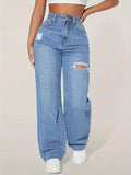 2025 Pants Women's Jeans New Y2K Washed Blue Straight Loose Fit High Waist Hole Trousers Fashion Personality To Do Old Denim