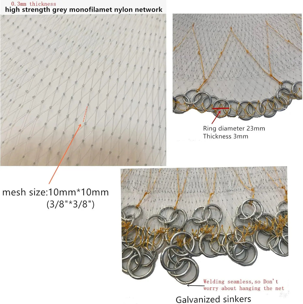 Saltwater Fishing Cast Net with Heavy Chain Sinkers, 6ft/10ft Radius, 3/8inch Mesh for Bait Trap