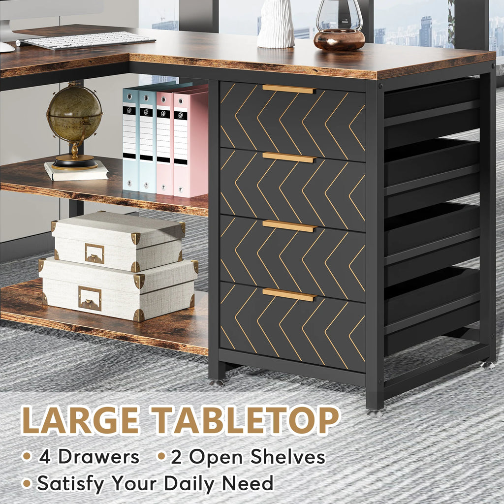 Tribesigns L Shaped Computer Desk with Storage Drawers, 59 inch Corner Desk with Shelves, Reversible L-Shaped Office Desk Study