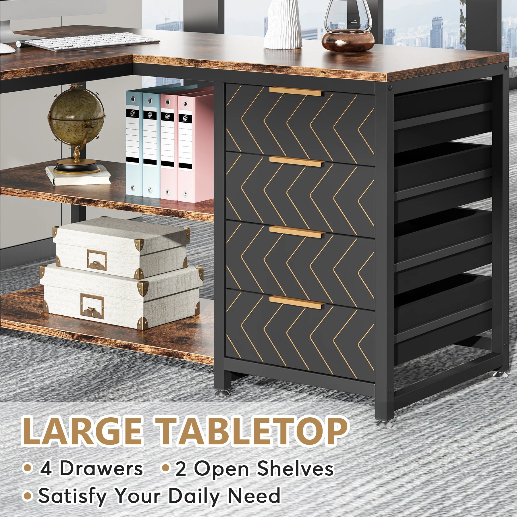 Tribesigns L Shaped Computer Desk with Storage Drawers, 59 inch Corner Desk with Shelves, Reversible L-Shaped Office Desk Study
