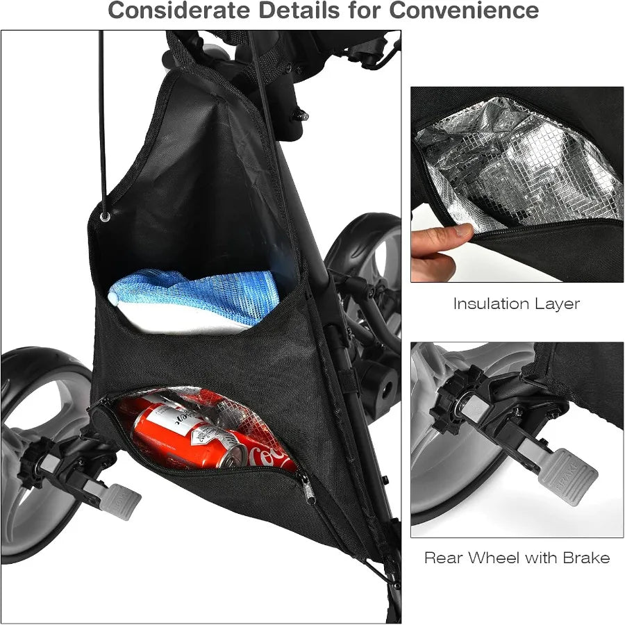 Height Adjustable Portable Golf Push Cart with Umbrella Holder Waterproof Bag Builtin Cooler Foot Brake for Easy Transport and