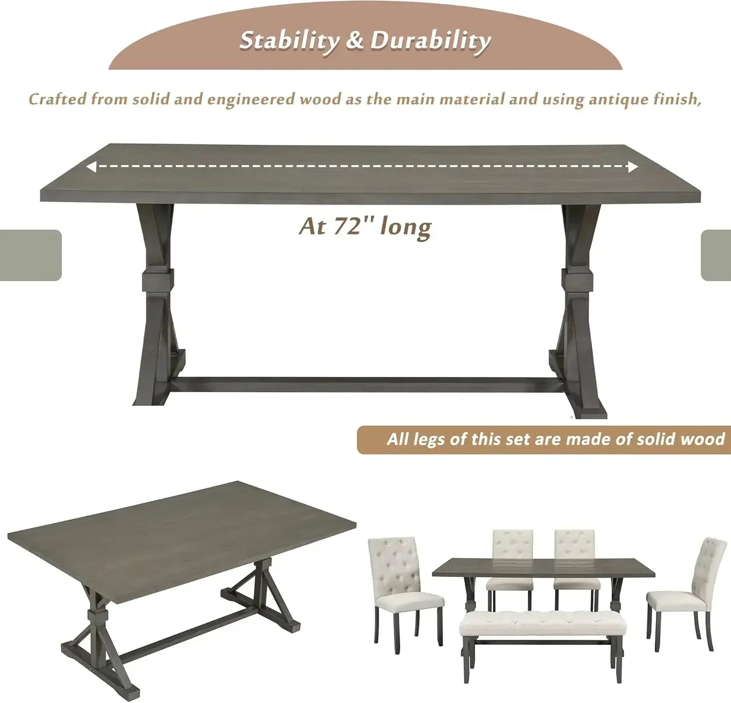 （XMSJ-Hot）6 Piece Kitchen Dining Table Set, 72 inch Wooden Rectangular Table with 4 Upholstered Chairs and a Bench, Dining Room