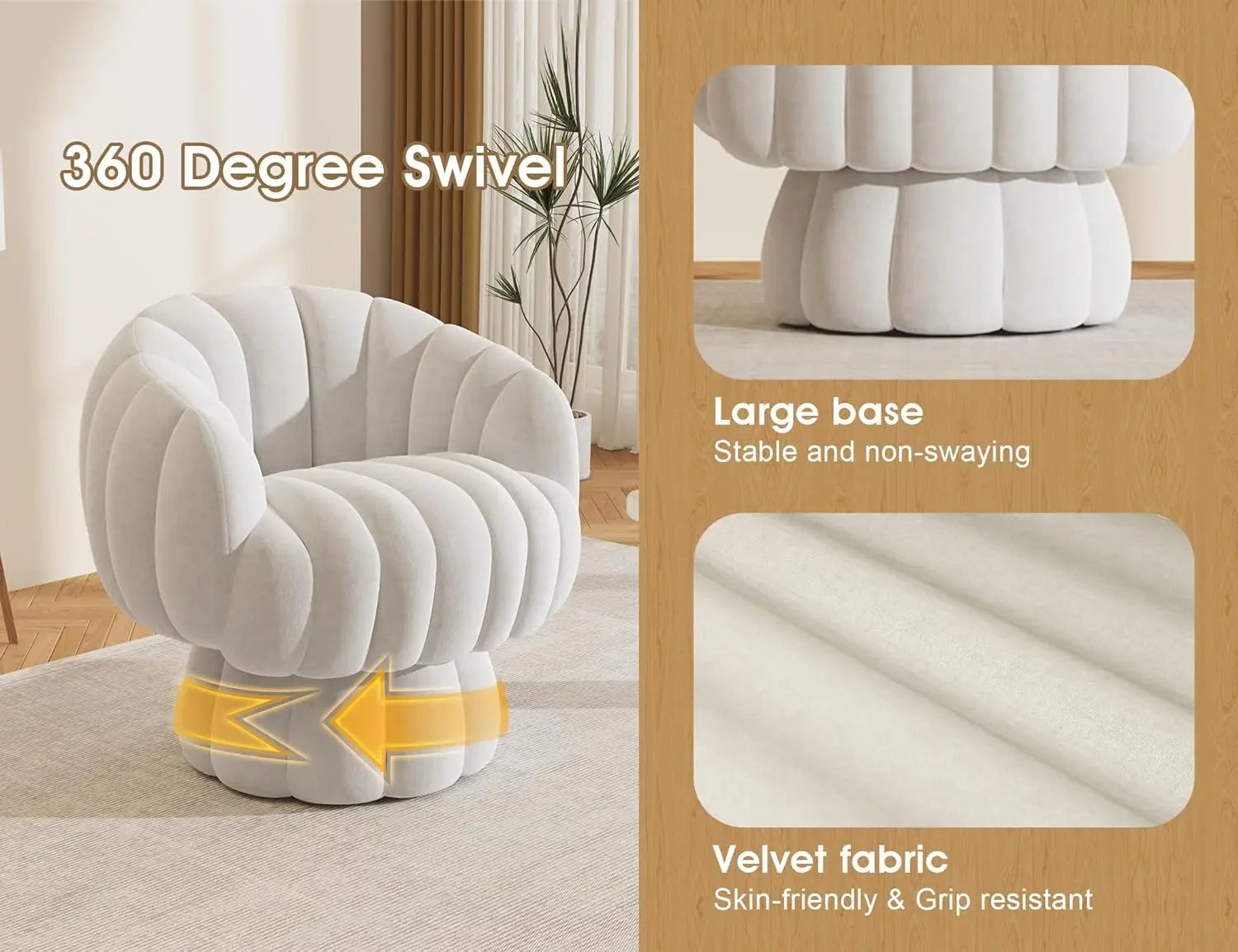 Century Modern Swivel Velvet Accent Chair, Beige
