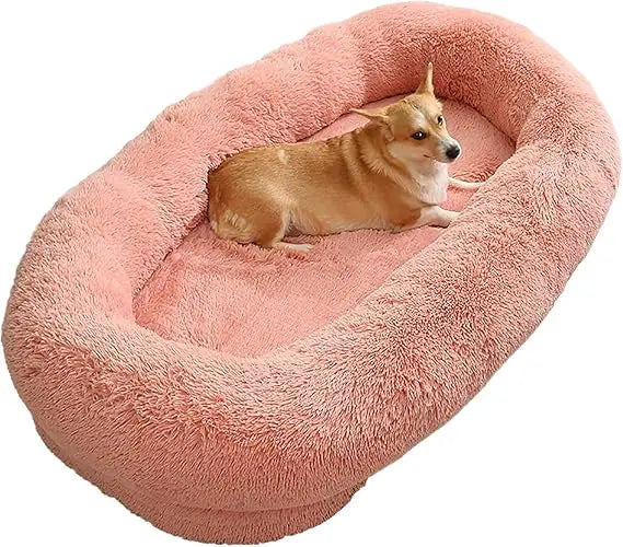 Giant Washable Faux Fur Dog Bed for Humans - Extra Large Nap Bed, Adult Oval Design, Comfortable Pet Bedding