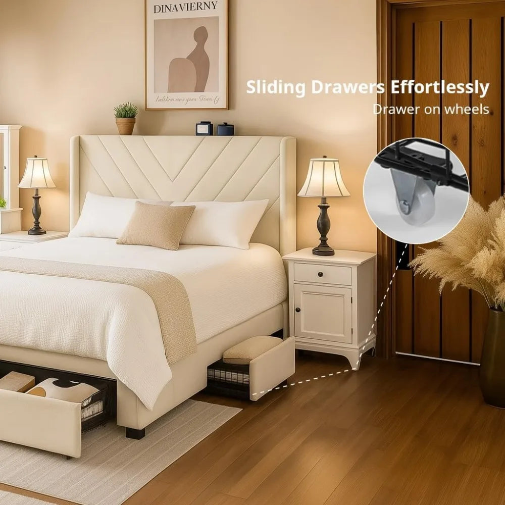 Modern Upholstered Platform Bed Frame with Queen Size, Headboard, USB & Type-C Charging Ports, and Storage Drawers