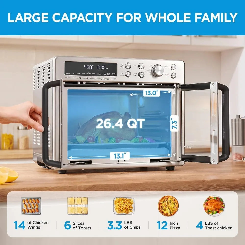 26.4 quarts, oversized air fryer countertop oven 10 in 1 combination, cooking speed increased by 25%, oil reduced by 90%