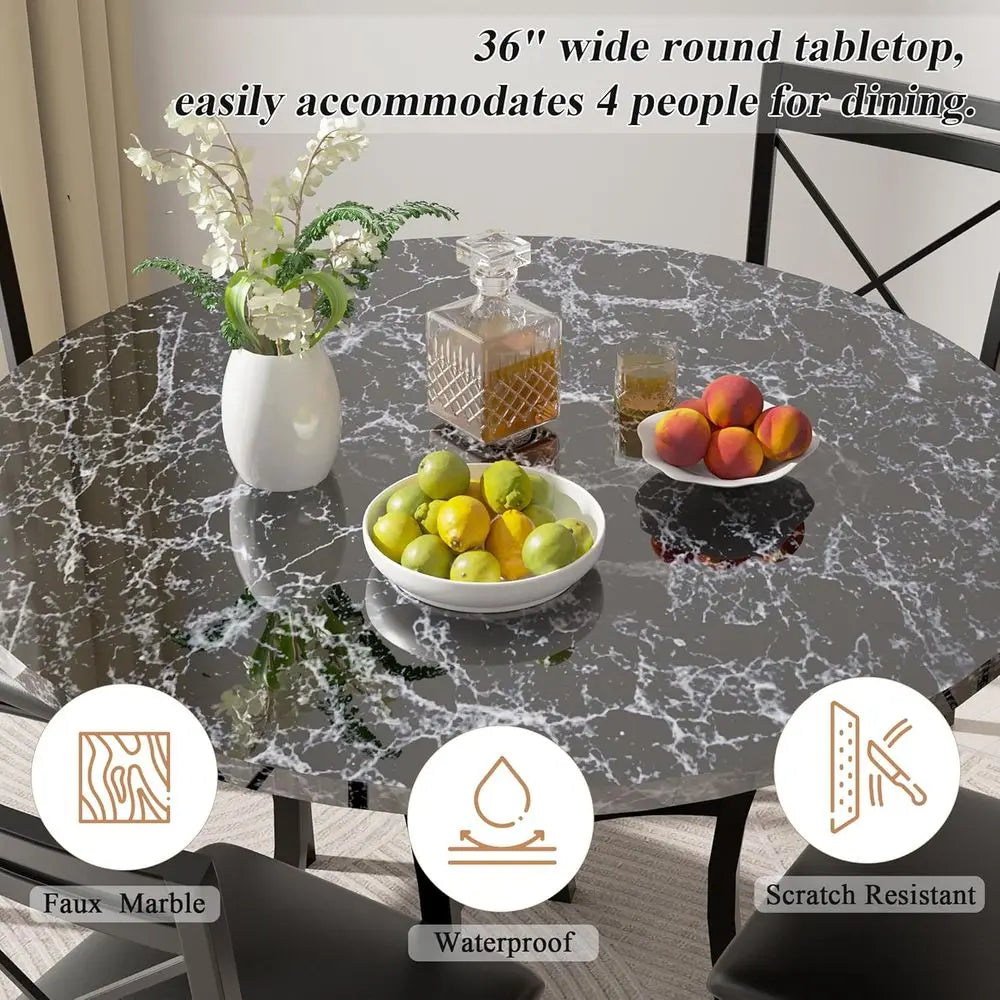 Space-Saving Grey Faux Marble Round Dining Table for 4 with Metal Frame, Ideal for Kitchen and Apartment