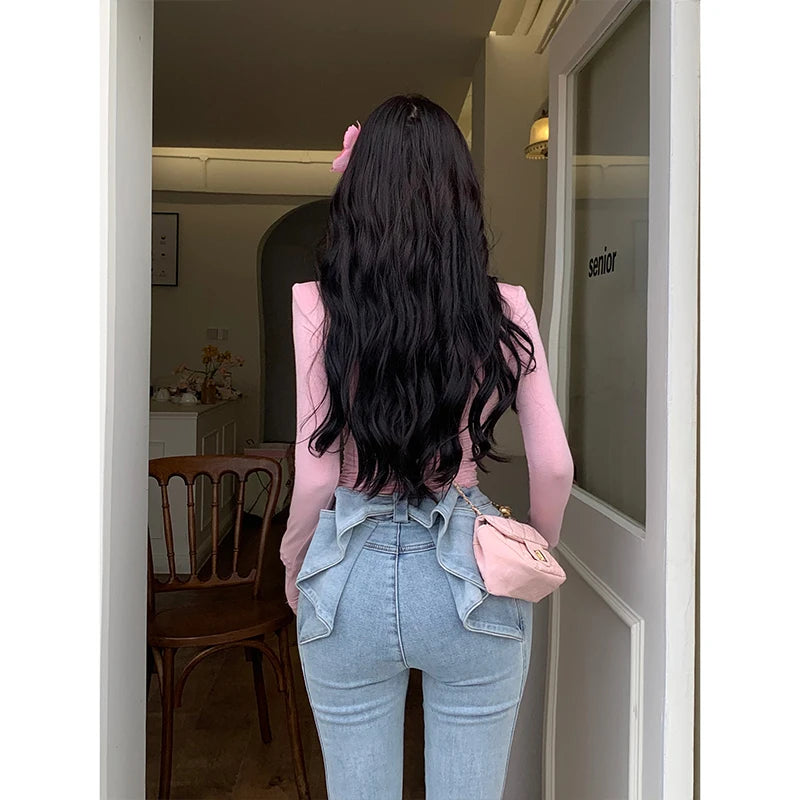 Three-dimensional butterfly jeans with a sense of design, female 2025 summer high waist and slim hip bell bottoms (small)