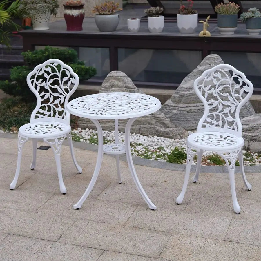 Patio Bistro Sets 3 Piece cast Aluminum Patio Furniture Outdoor Garden Metal Rust Proof Tables and Chairs White bisrto Set Leaf