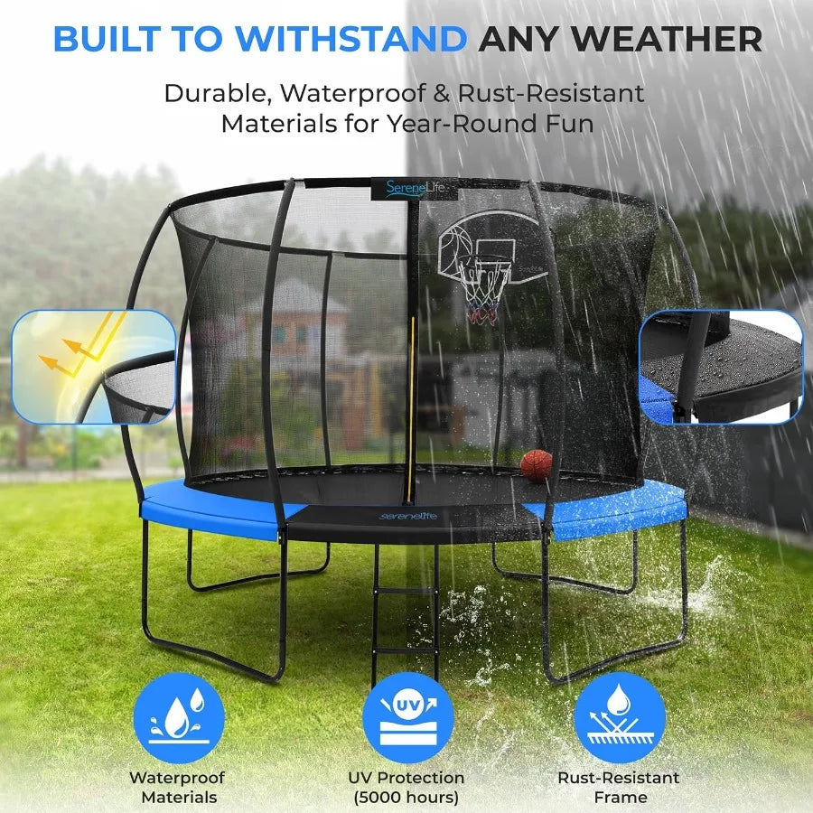 12FT Outdoor Trampoline for Recreational Backyard Trampoline with Curved Safety Poles and Net Enclosure- ASTM Approval for Adult
