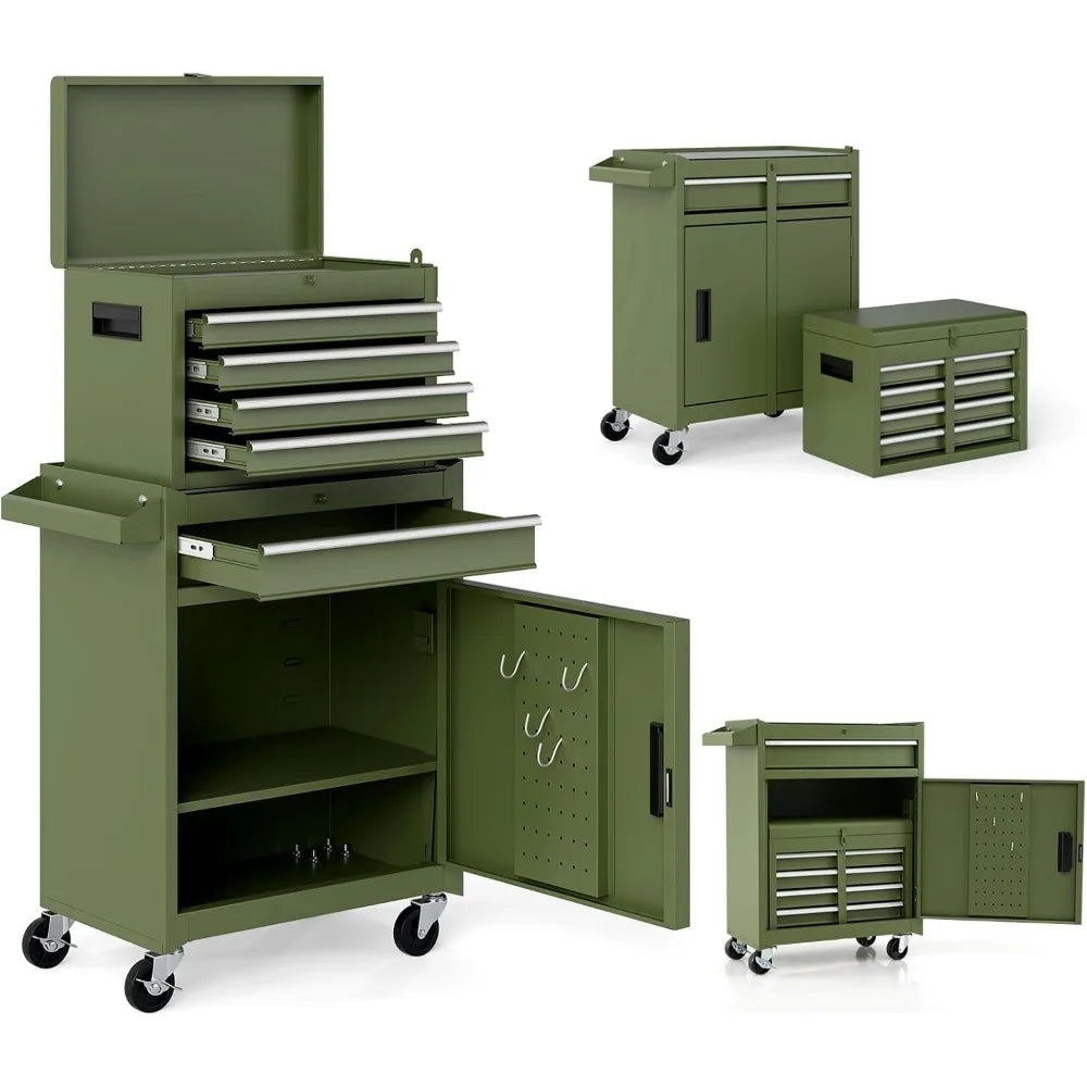 Tool Chest, 5 Drawers Rolling Tool Cabinet with Detachable Top Toolbox, Universal Lockable Wheels, Lock Bar, Protective Liner &