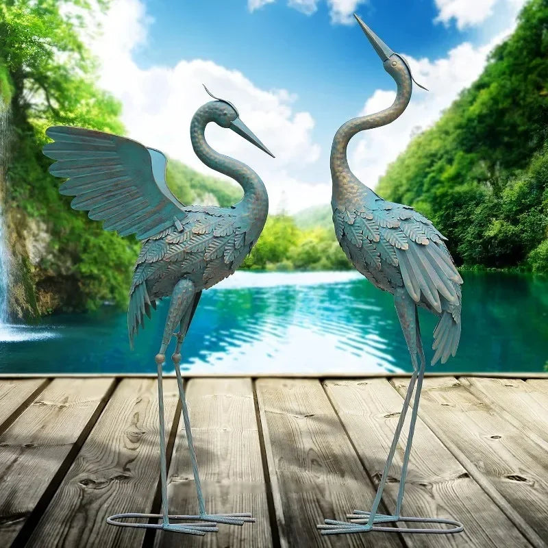 33-37 Inch Crane Statues Set of 2, Spread Wings Metal Bird Sculpture for Outdoor Lawn & Patio