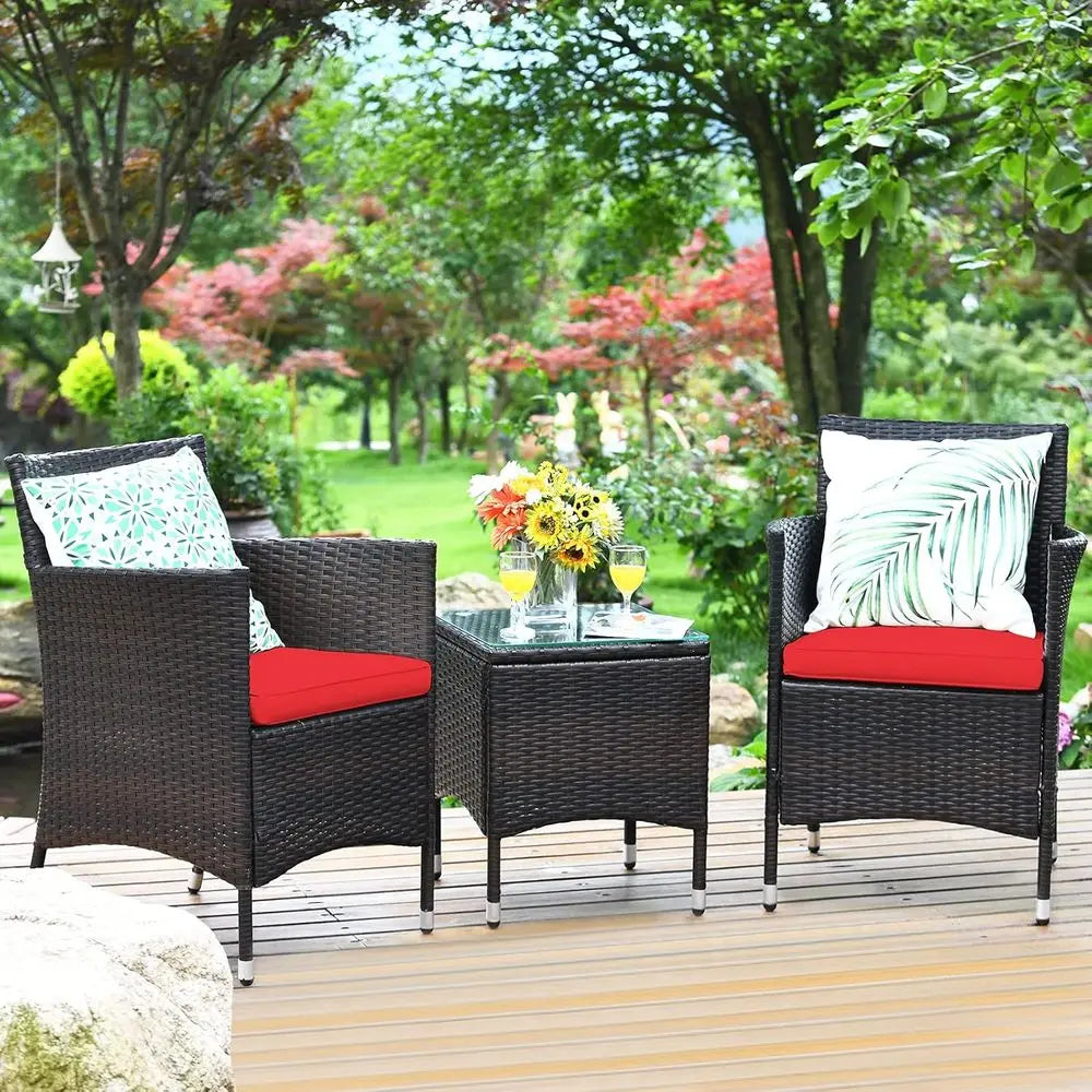 Red Outdoor Wicker Patio Furniture Set with Cushions, Tempered Glass Table for Backyard and Balcony