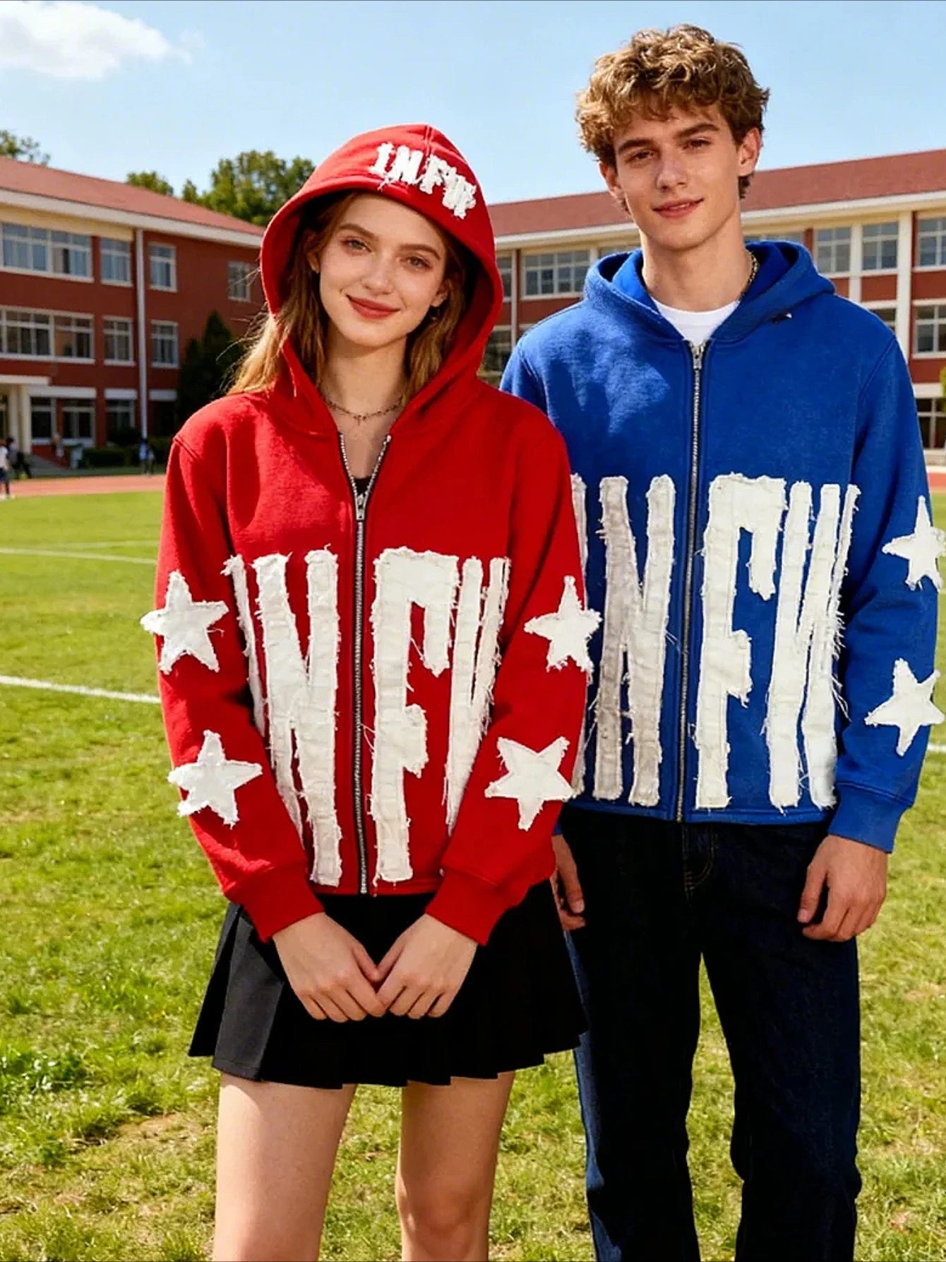 INFW fall jackets for Womens  loose fit Fleece Jacket American Retro Red zip up Hoodie Street Hip-Hop Style Jacket Unisex